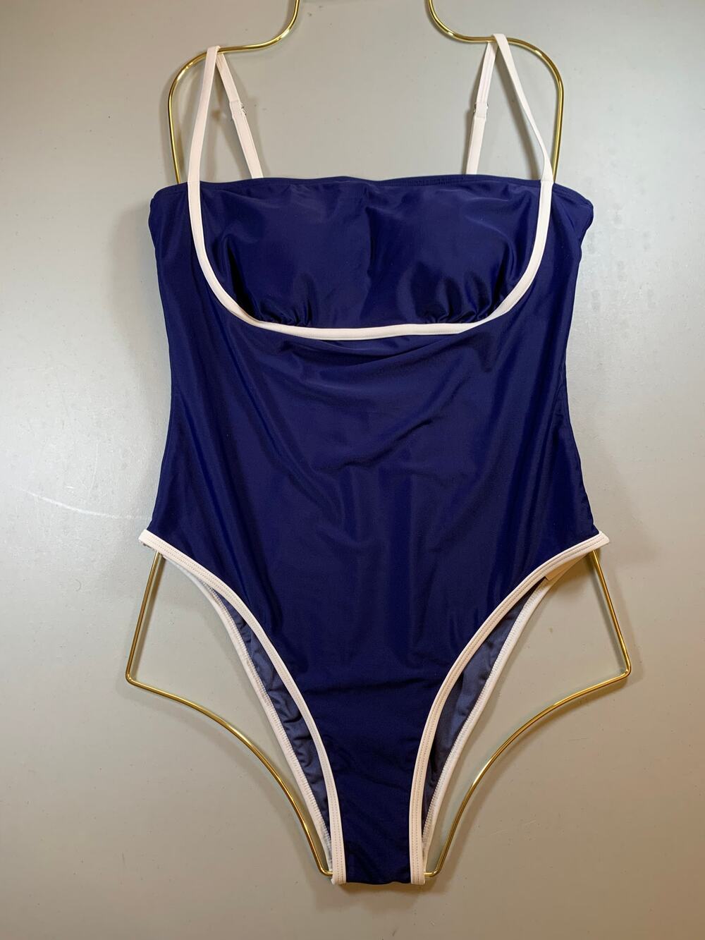 NWT Cupshe Blue White Trim One Piece Swimsuit Crisscross Back High Cut Sz Medium